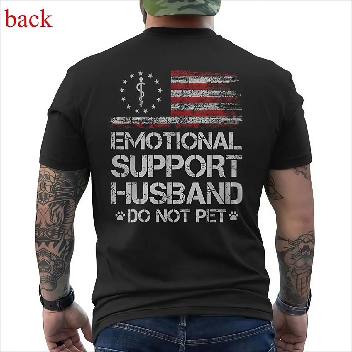 T-Shirt With EMOTIONAL SUPPORT HUSBAND Flag Motif USA Vibe Made In USA For Women For Men [CoreVarsity.us 180G/230G 100% cotton short-sleeve/hoodie, soft and comfortable]