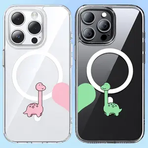 Heart-Shaped Cute Dinosaur Matching Couple Design Clear MagSafe Compatible Phone Case & Paired Card Holder Wallet - for iPhone 16 Pro Max & Samsung Galaxy S24 Magnetic Shockproof Cover