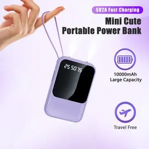 10000mAh Pocket Size Mini Cute 5V2A Fast Charging Power Bank, Smartphone Accessories, Small Size Large Capacity Portable Lanyard Design Charger, Ultral-bright LED LIghts, built-in 4 cables, USB Type-C Port, travel Battery pack, for iPhone