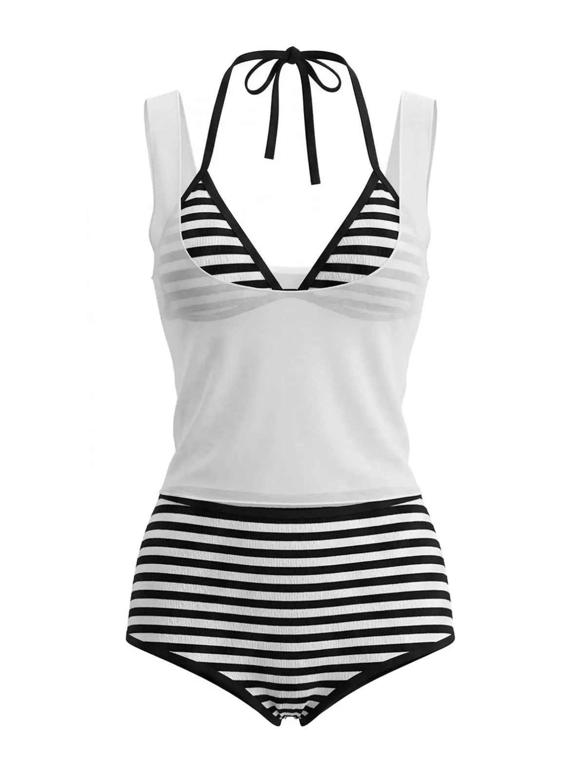 3PCS 1980s Striped Bikini Set & Sheer Cover-Up Tanksummer outfits beach essentials vacation outfits Fashion Beachwear Swimwear Chic Swimsuit Set