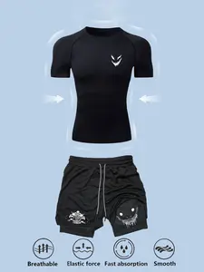 Men's Sporty Tight-Fit Quick-Dry Tee & Multi-Pocket Shorts Set, Ideal for Gym Running Training Fitness, Summer Outdoor Activities, Athletic Workout Clothing