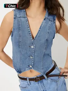 Elegant Summer Denim Vest, V-Neck Asymmetrical Hem Sleeveless Design, Slimming Fit Washed Blue Color Women's Fashion Top