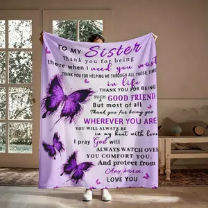 To My Sister Flannel Throw Blanket, Thank You For Being You Butterfly Purple Pattern Soft Warm Cozy Nap Blanket for Couch Bed Dorm, Sentimental Gift for Sister from Sibling, Birthday Christmas Holiday Gift