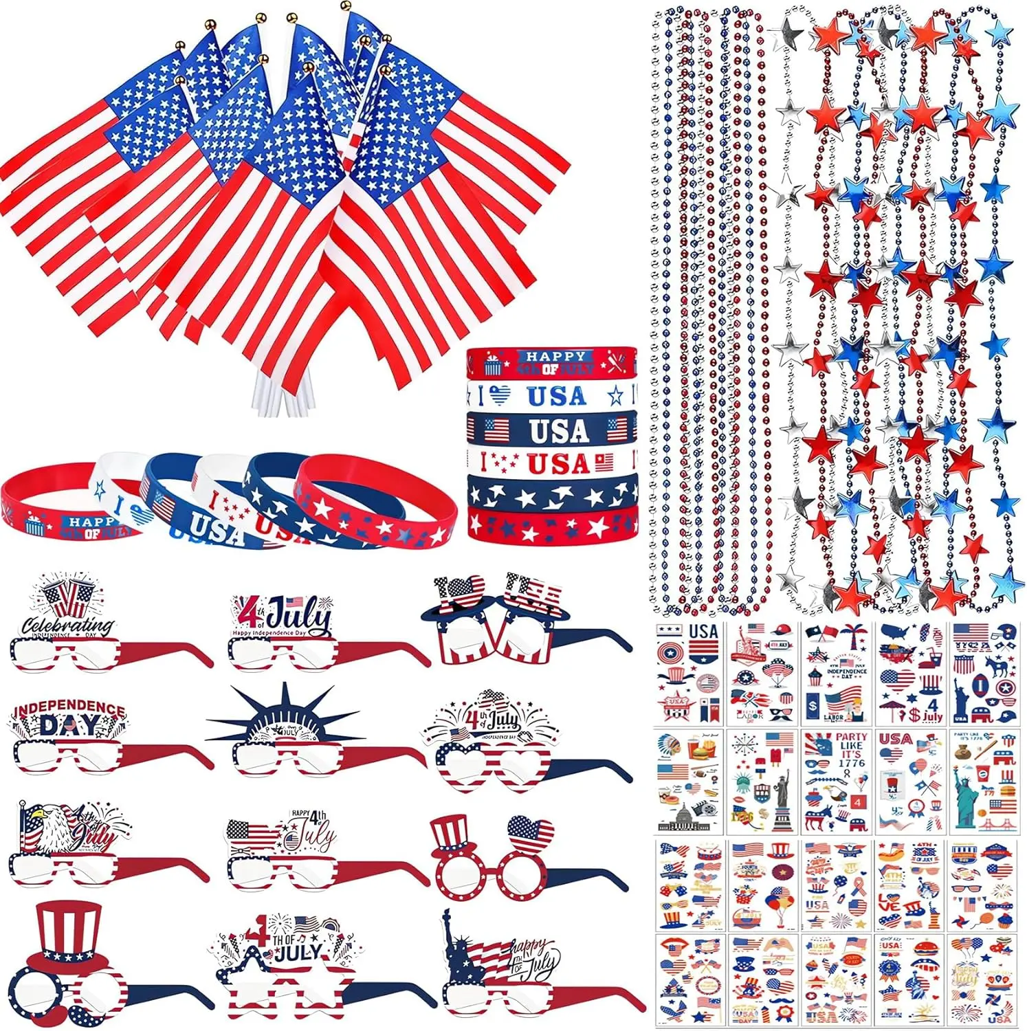 240Pcs Patriotic Americana Party Supplies & Favors - 4th of July Decorations, Memorial Day Accessories: Necklaces, Glasses, Bracelets, Flag Temporary Tattoos for Kids