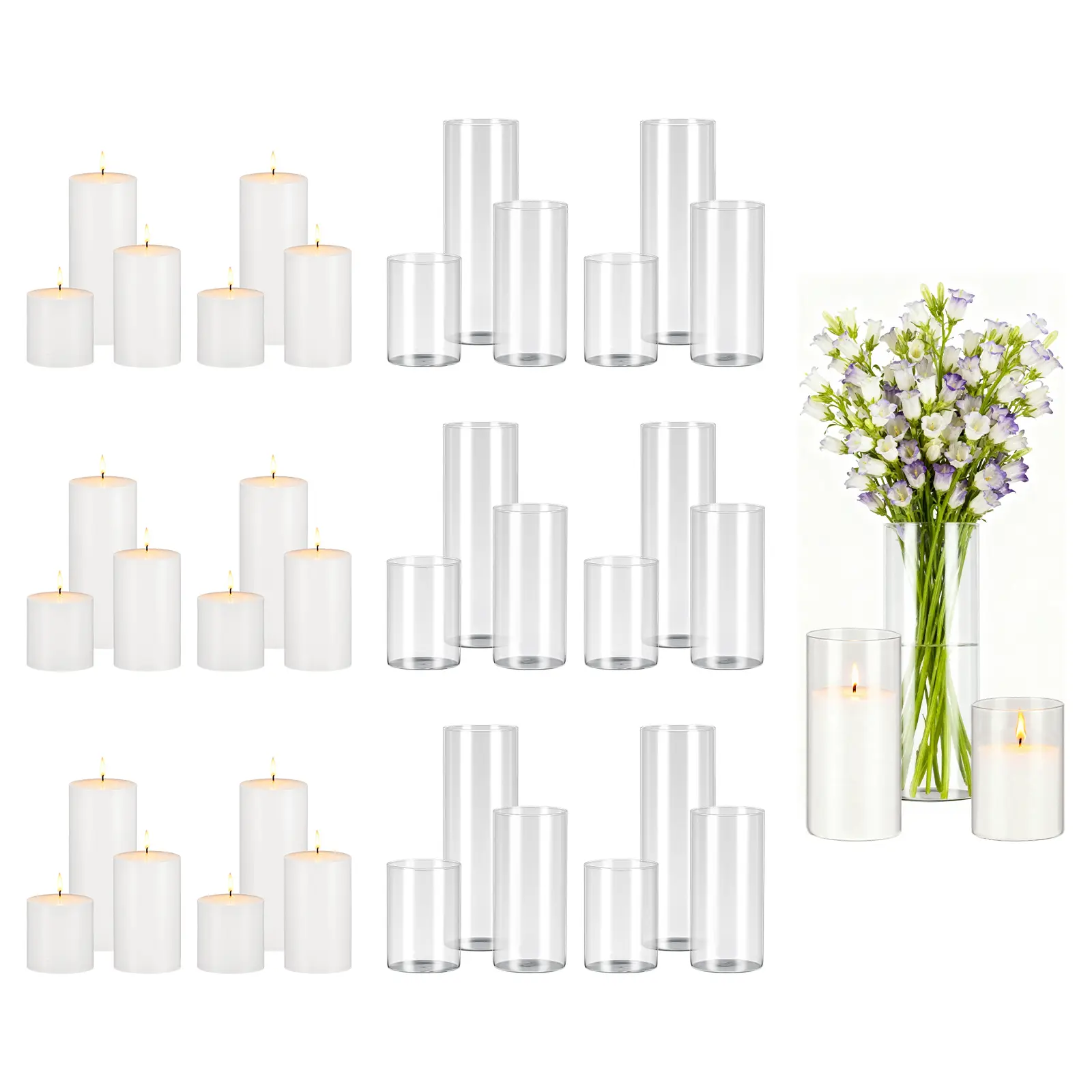 VEVOR Pillar Candles and Glass Vases Set 36 Pcs, Clear Cylinder Hurricane Candle Holders for Wedding Centerpieces, Tall Vase for Table Decor, Wedding Party, Thanksgiving, White (3.4" x 4.7",7.1",9.8")#BacktoSchool