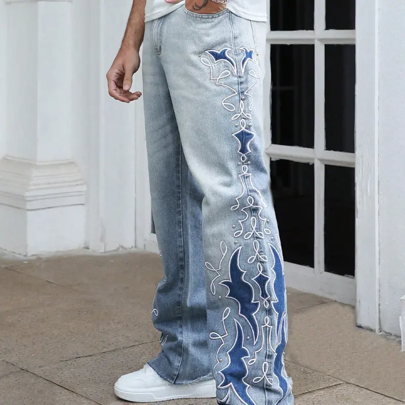 New Streetwear men's pants, men's embroidered diamond-encrusted denim jeans, heavy-duty rivet art embroidery flared style, stacked micro-flared jeans, Pocket, Bling Jeans