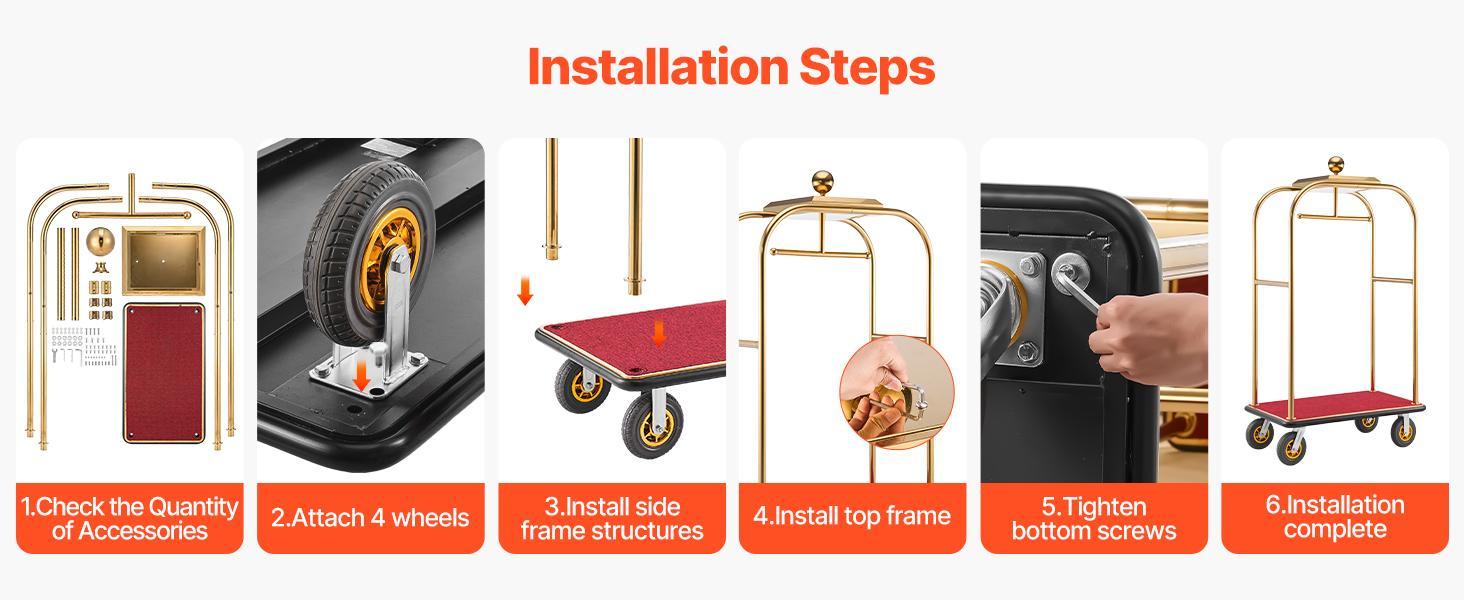 VEVOR Hotel Luggage Cart, 1200 lbs Heavy Duty Bellman Cart with Stainless Steel Frame, 8 in Rubber Wheels, Red Carpeted Deck, Commercial Luggage Carrier Rolling Trolley for Hotels, Resorts, Gold