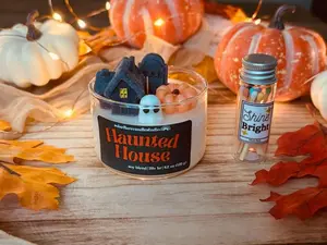 Haunted House Candle: Spooky Ghost & Pumpkin Decor, Wood Wick SoyBlend