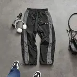 Men's Casual Streetwear Contrast Color Sporty Long Pants, Windbreaker Pants ,Loose Fit Drawstring Cuff, Fashionable Print, Lightweight Fabric, Athleisure Style Bottoms pantalones para hombre pants for men cargo pants for men pantalones de trabajo hombre o