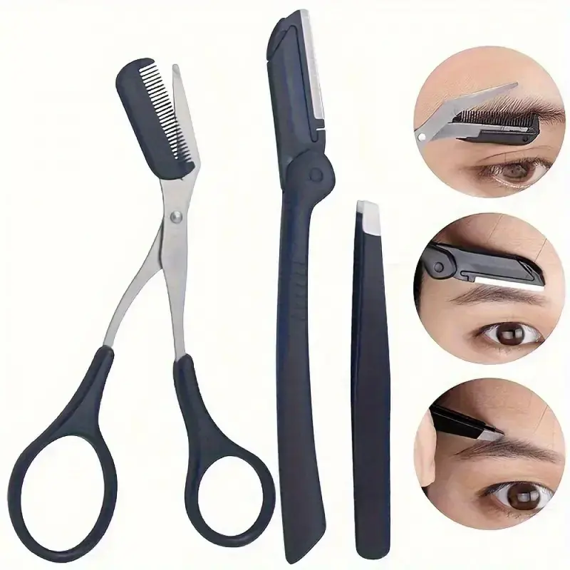 3-Piece Stainless Steel Eyebrow Trimming Kit, Includes Tweezers Comb Razor, Unisex Dual-Hand Design, Facial Exfoliating Tool Set, Cosmetic Tools, Eyebrow Shaping Kit