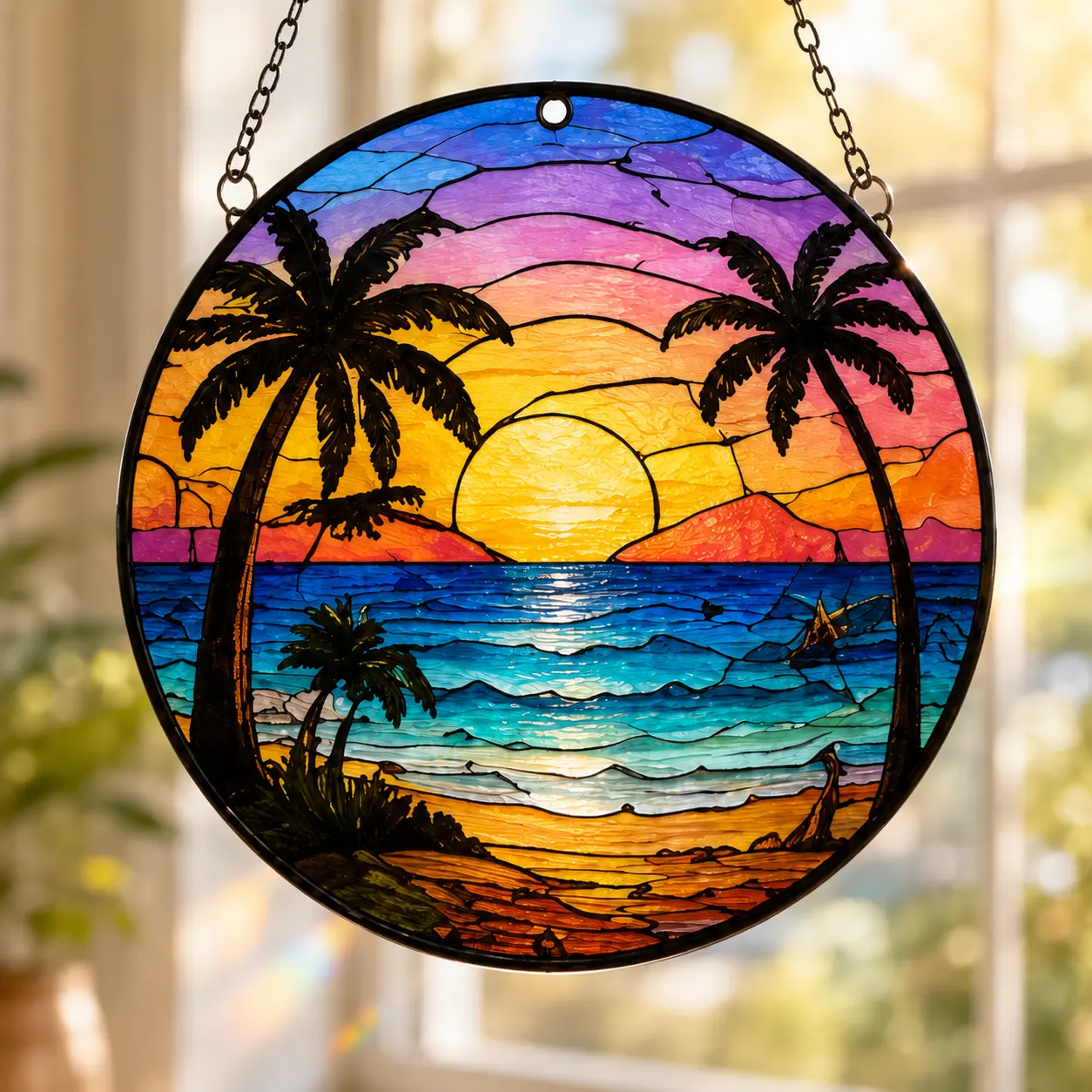 Beach Sunset Acrylic Suncatcher, Palm Tree Ocean Window Hanging Ornament, Coastal Beach House Decor, Gift for Beach Lovers