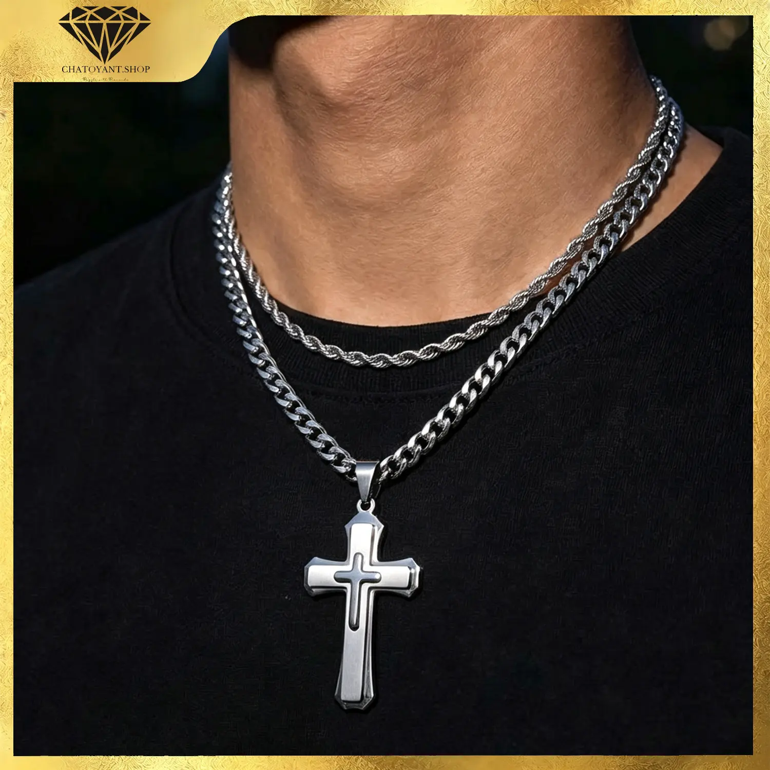  Stainless Steel Layered Cross Necklace for Men & Boys, Double‑Layered Cuban & Rope Chain Christian Cross Pendant, Fashion Religious Jewelry Gifts, Adjustable 18‑24 Inch Chain