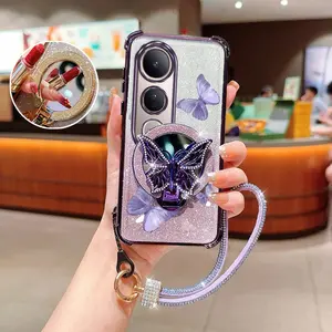 V50 Lite 4G Fashion Series Diamond Strap Lanyard Phone Holder Case For Compatible With Vivo V50 Lite 4G Transparent Glitter Shiny Cover and Elegant Flying Purple Butterflies Protector Cases