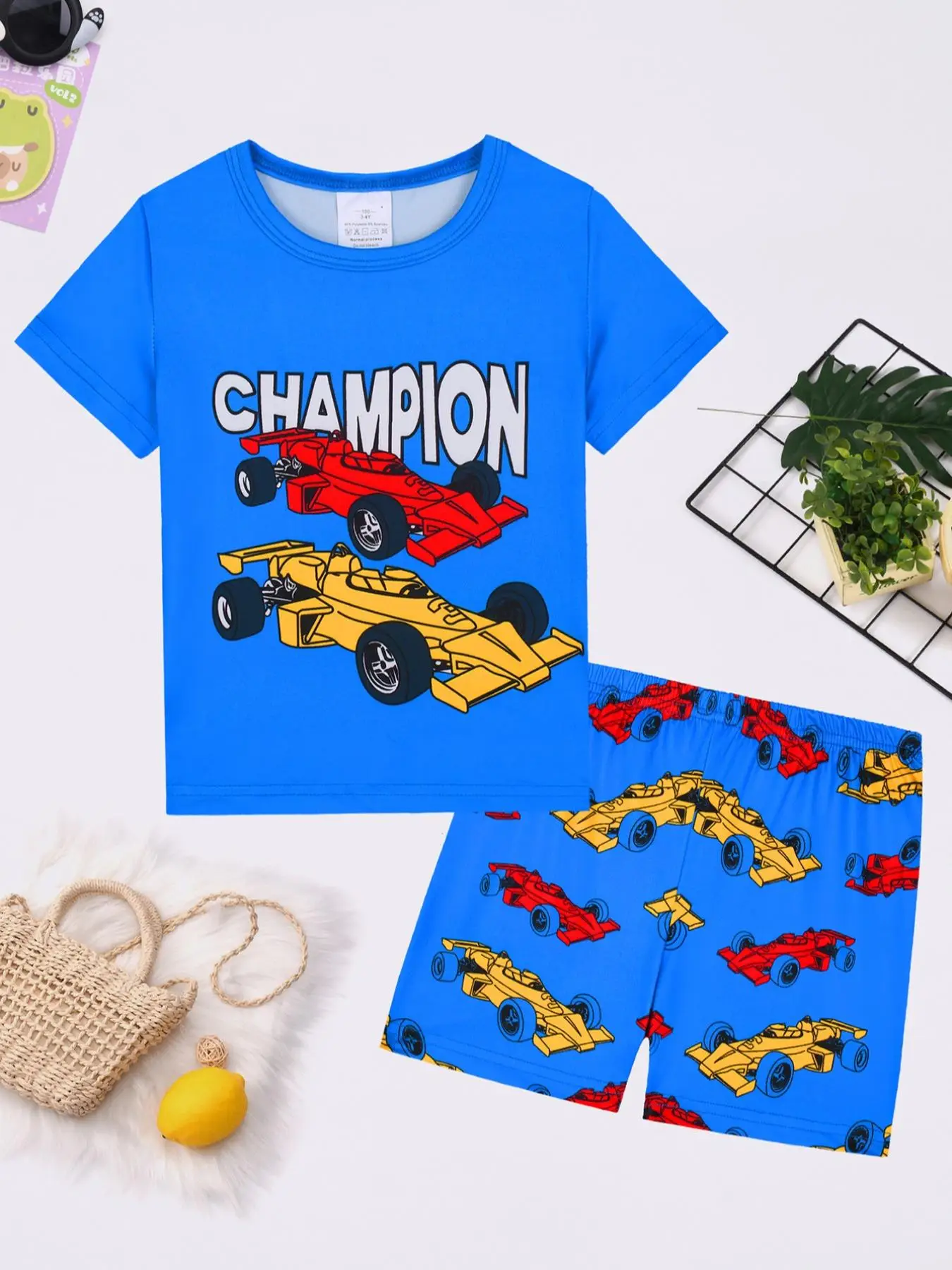 Boy's Formula Race Car Print Tee & Shorts Pajama Set, Casual Comfy Round Neck Short Sleeve T-shirt & Shorts Pajama Set, Kids Sleepwear for Summer