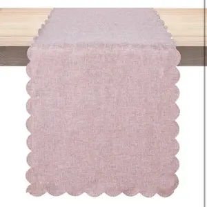 Table Runner 13 x 72 Inches Long, Cotton Linen Farmhouse Scallop Style Pink Table Linen for Kitchen Dining Coffee Table Parties Wedding Home Decor (13” x 72”, Pink)