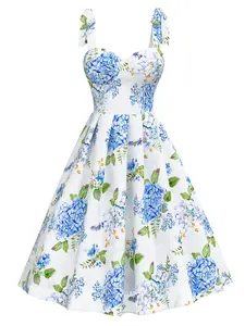 RETRO STAGE Women's 1950s Blue Floral Organza Hydrangea Lace-Up Gown - Polyester Lady's Spring Clothes with Zipper for Wedding Guests, Birthday Events