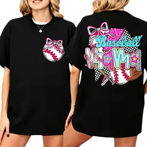 [⚾Graphic Tee][100% cotton]"Baseball Mama Coquette T-shirt – Preppy Brushstroke Baseball Coquette Tee, Baseball Bow T-shirt, Baseball Mama Game Day T-shirt, Comfy Unisex Cotton Summer Tee, Trendy Casual Streetwear, Summervibes Outfit"