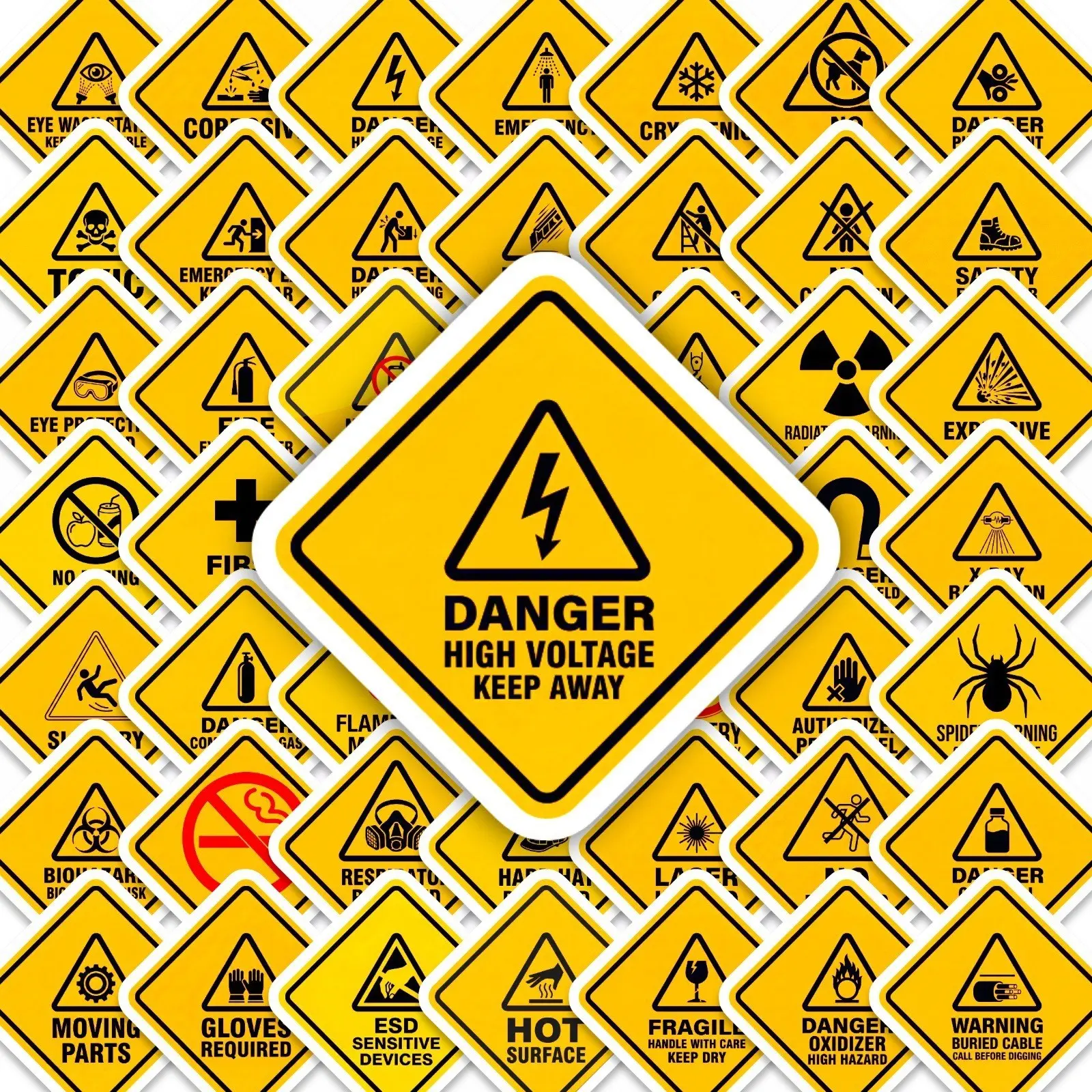 50 Diamond Shape Warning Stickers, Waterproof Safety Labels, Non-Stick Adhesive, Hazard Alert Decals, No Model Specified