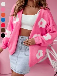 Plus Size Floral Print Drop Shoulder Cardigan, Casual Long Sleeve Open Front Knitwear for Fall & Winter, Women's Plus Clothing for Daily Wear