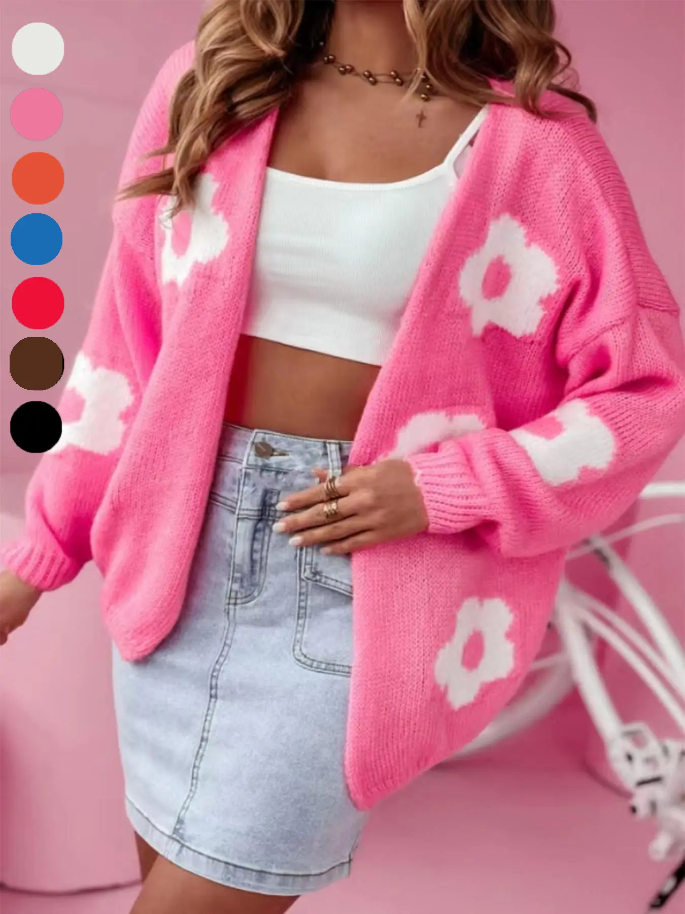 Plus Size Floral Print Drop Shoulder Cardigan, Casual Long Sleeve Open Front Knitwear for Fall & Winter, Women's Plus Clothing for Daily Wear