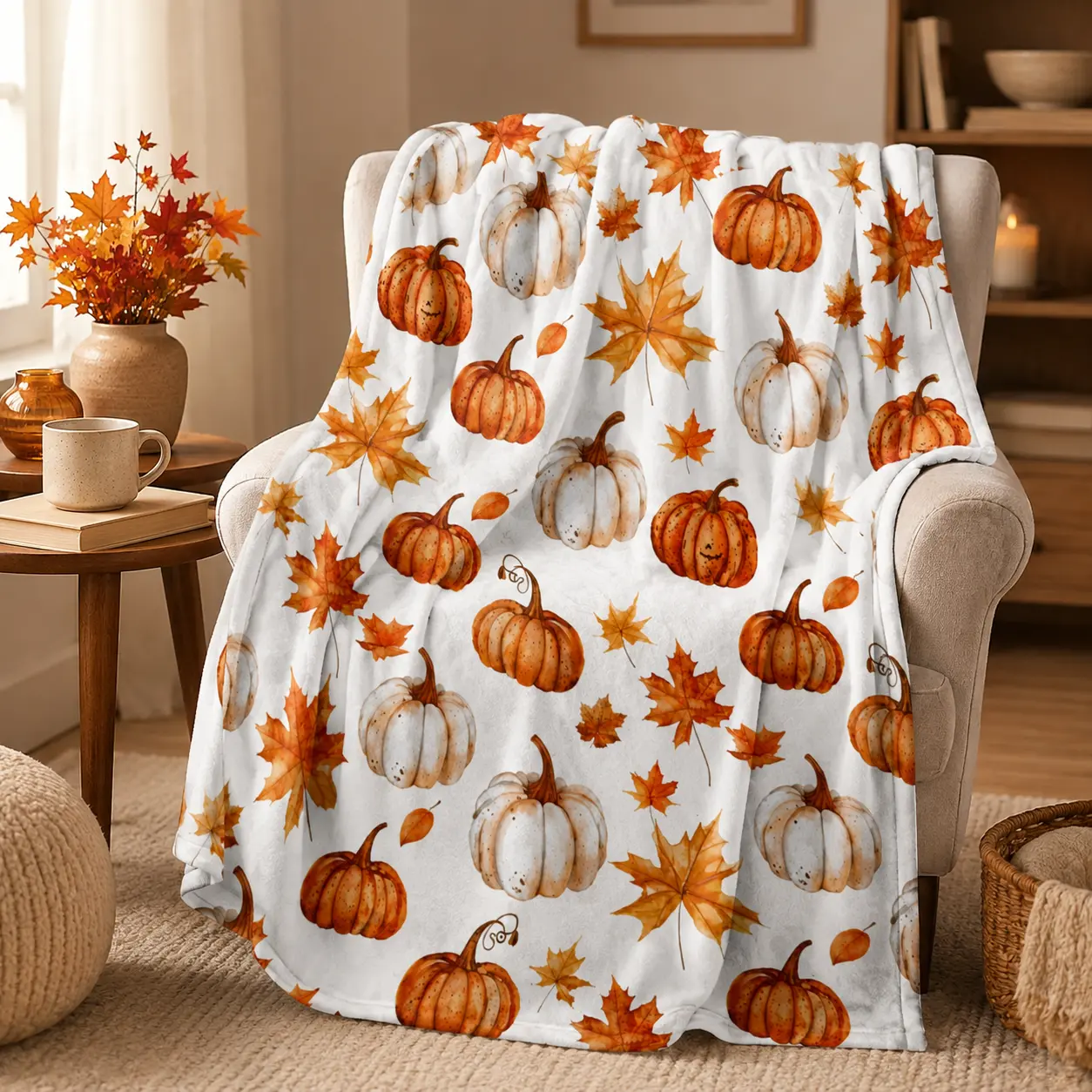 Watercolor White Orange Pumpkin Maple Leaf Flannel Throw Blanket, Soft Fuzzy Plush Blanket for Couch Bed Porch, All Season Cozy Warm, Beautiful Fall Harvest Thanksgiving Gift, Vintage Autumn Foliage Pattern Cottagecore Farmhouse Seasonal Living Room