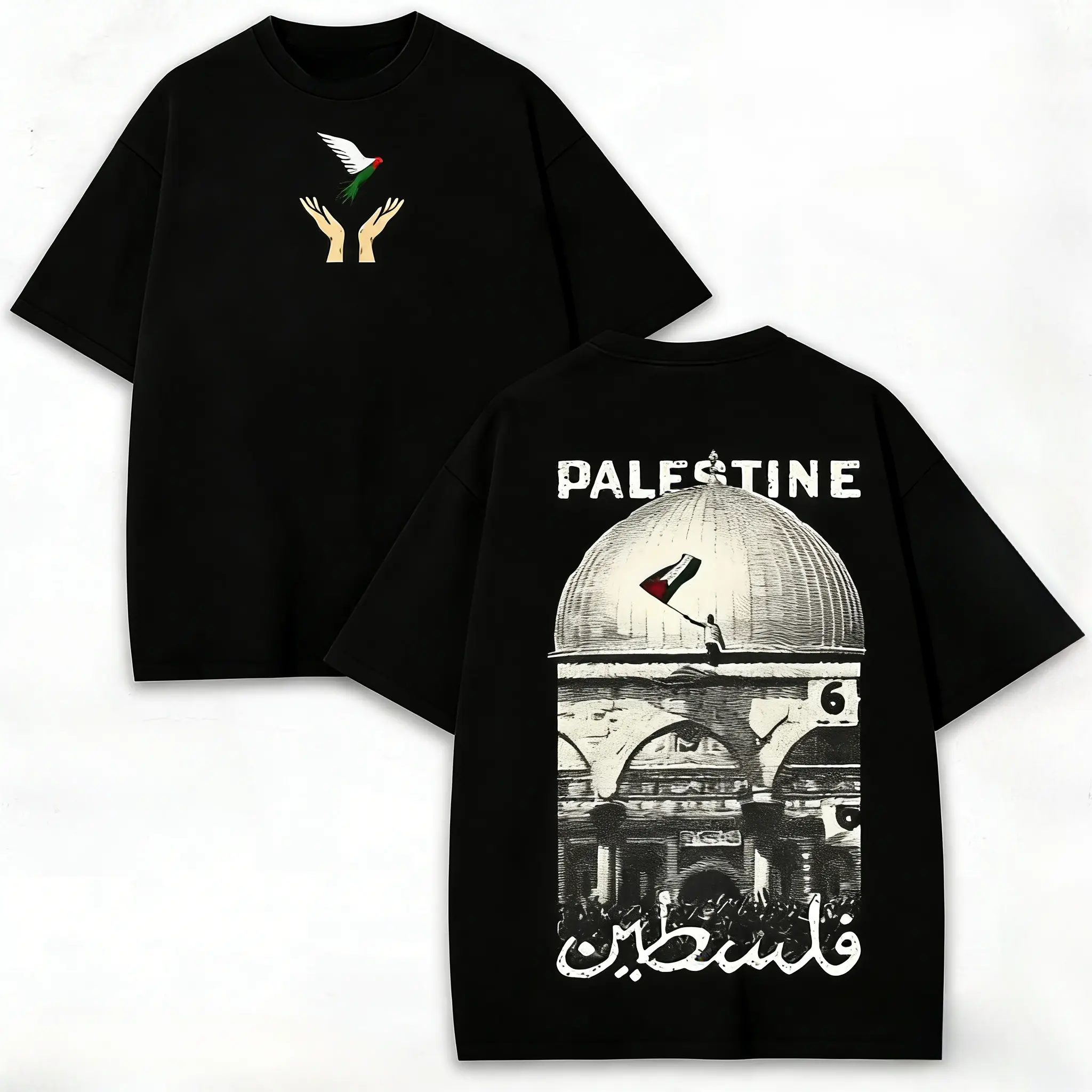 Vintage Graphic T-Shirt for Men, Palestine Freedom Oversized Short-Sleeve Heavy Cotton, Washed Double-Sided Streetwear, Shortsleeve, Tshirt, Casual Street Style, Double-Sided Wash, Round Neck, Menswear, Top