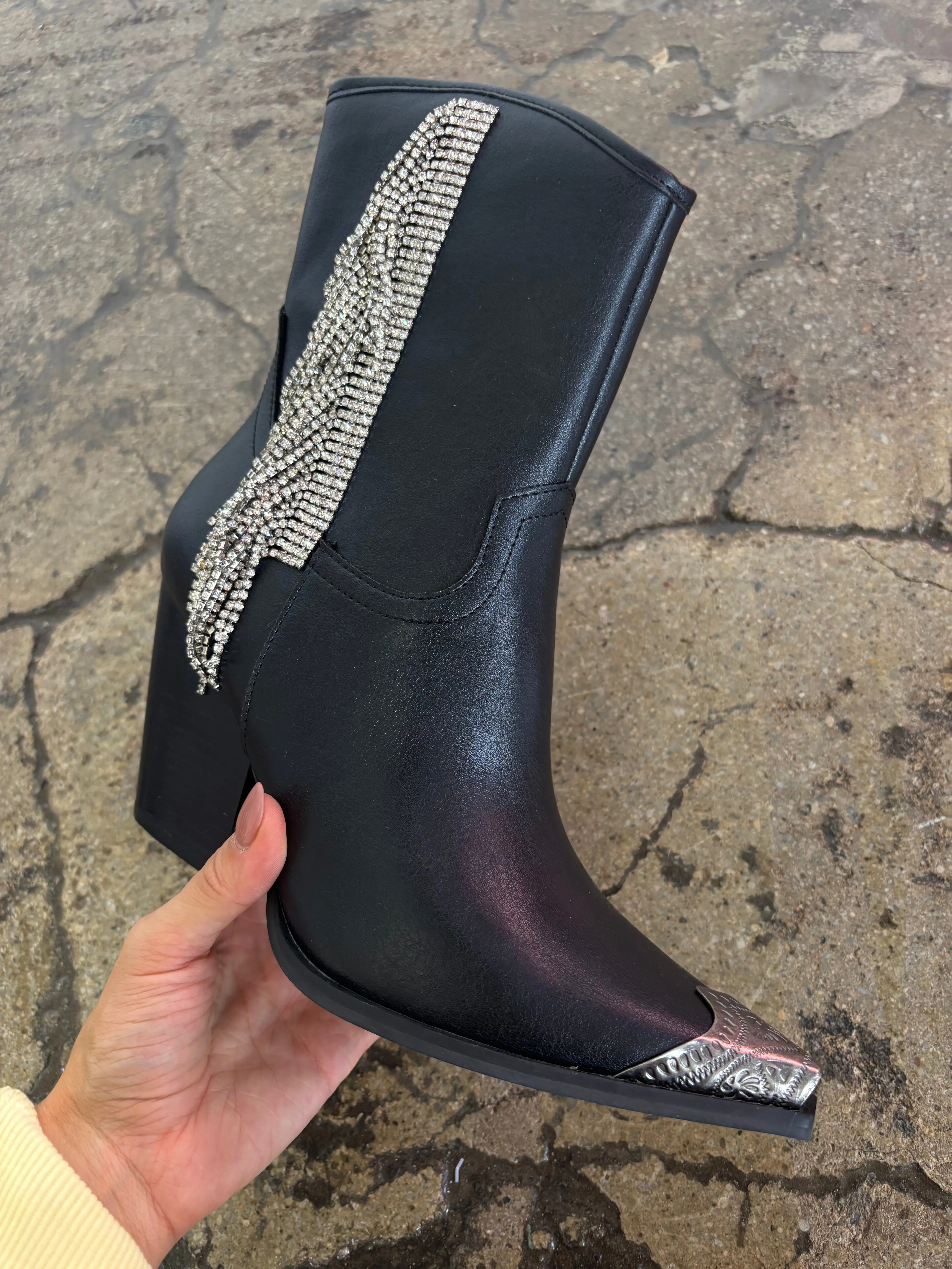 Women's Western Style Pointed Toe Rhinestone Fringe Studded Cowgirl Boots - Black, Shoe, Footwear, Suede
