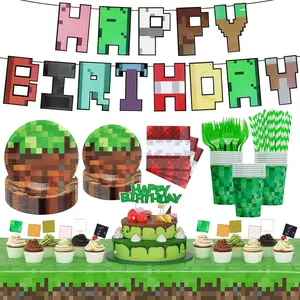 183 count Pixel Birthday Party Decorations, Pixel  Theme Party Supplies Kit, Including Banner, Tablecloth, Swirls, Plates, Napkins, Cups, Forks, Cake Toppers, Drinking Straws, Serves 24 Guests