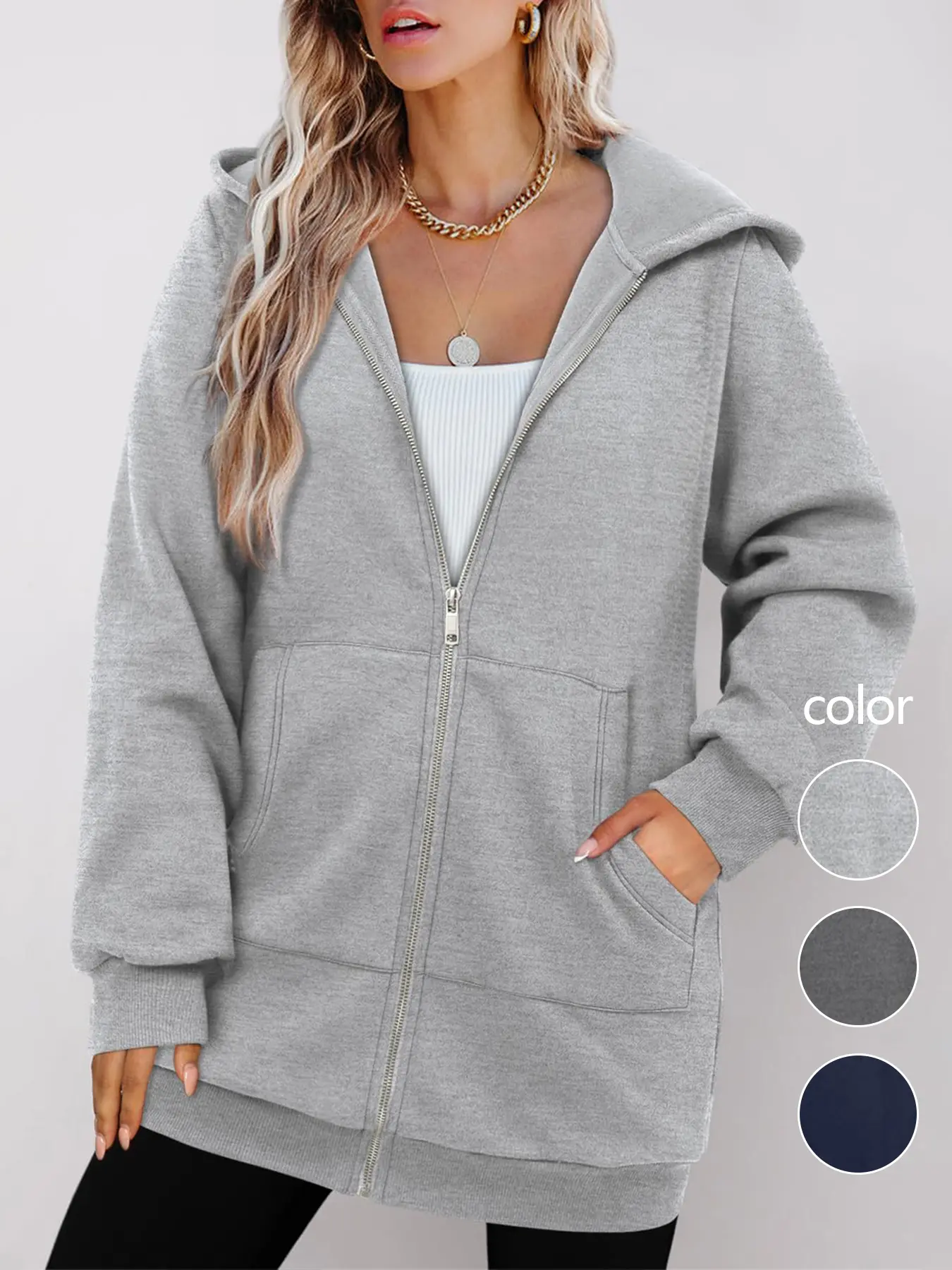 zipper Women's Casual Loose-Fitting Plain Zip-Up Hoodie, Polyester Blend Long Sleeve Top with Patch Pockets for Sports, Do Not Bleach