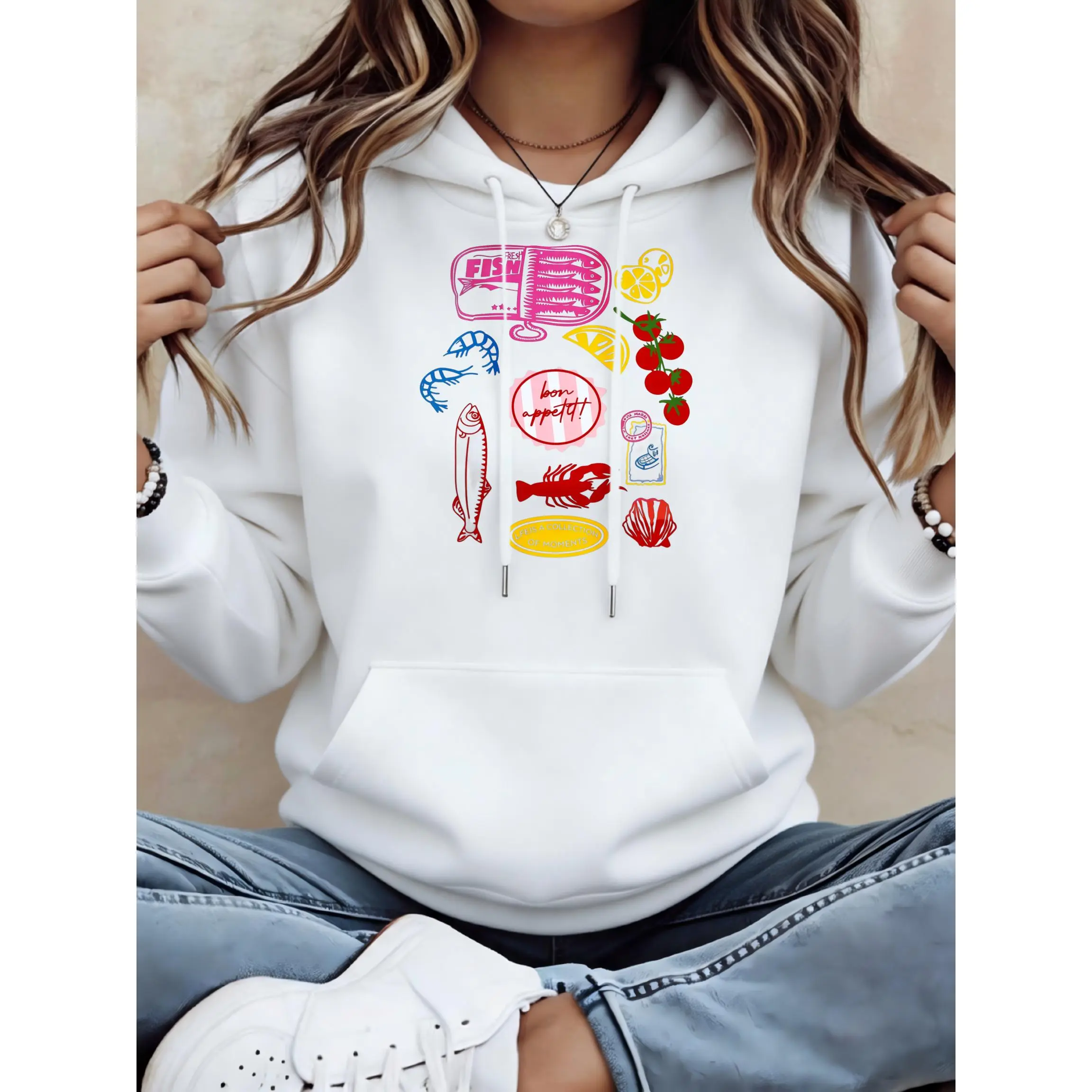Women's Seafood And Citrus Fruit Prints Unisex Oversized Hoodie | Soft Breathable Cotton Blend Pullover | Trendy Cozy Loungewear & Streetwear For Daily, Gym, Travel & Fall Vibes