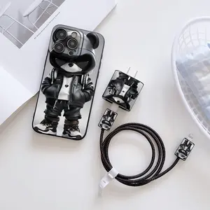 6 Piece Set Creative Bear Pattern Phone Case, Charger Head Cover, Cable Protector, Storage Rope, Anti-Drop Tpu Shell for iPhone