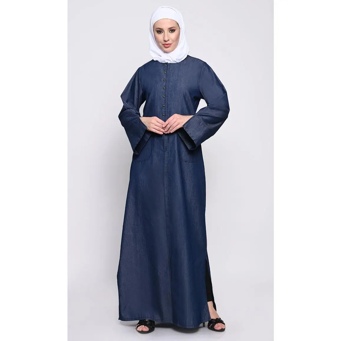 Stylish Denim Fabric Abaya with Side Slits and Hook Button