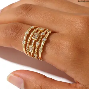 5-Layer Stacked CZ Ring, Gold Adjustable Open Statement Ring with Square & Round Crystals summervibes