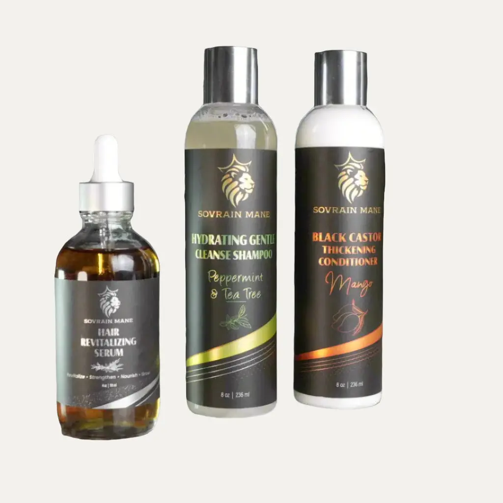 Triple Crown Collection - Cleanse, Condition, Restore Hydrating Shampoo, Black Castor Thickening Conditioner & Hair Revitalizing Serum Haircare Aloe Calming Herbal Oil Soothing