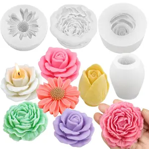 Set of Four Silicone Molds for Flower Making, 3D Design Includes Daisy, Peony, Rose, Tulip, Easy to Use for Candles, Soap, Resin Gifts