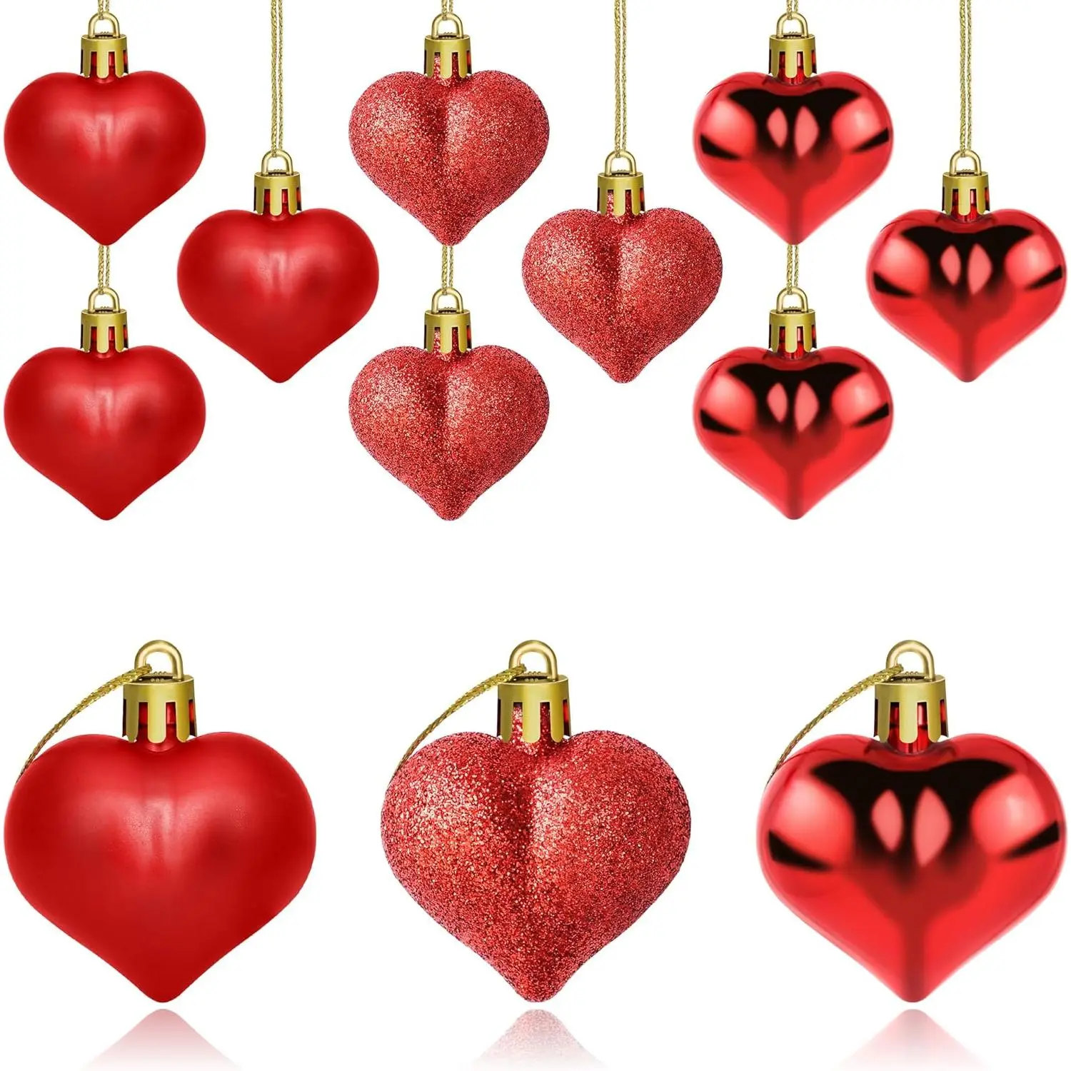 12 count Heart Ornaments 3 Different Finishes Heart Shaped Hanging Ornaments for Wedding Christmas Tree Mother's Day Anniversary Party Decoration (Red)