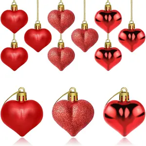 12 count Heart Ornaments 3 Different Finishes Heart Shaped Hanging Ornaments for Wedding Christmas Tree Mother's Day Anniversary Party Decoration (Red)