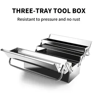 OUDISI  Folding Toolbox Stainless Steel- Thick, Rustproof,Waterproof,  2/3-Layer Portable Industrial Multi-Functional Toolbox Storage Box with Multi-Compartment Tool Holder