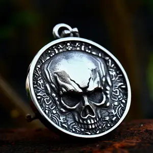 GTHIC Round Stainless Steel Skull Pendant Punk Neckalce for Men Daily Wear Necklace
