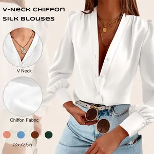 Women's Business Casual Tops Summer Long Sleeve Silk Button Down Shirts V Neck Chiffon Blouses