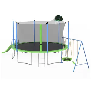 12FT/14FT trampoline with slide and swing, ASTM approved large outdoor recreational trampoline with basketball hoop and ladder, outdoor backyard trampoline with net