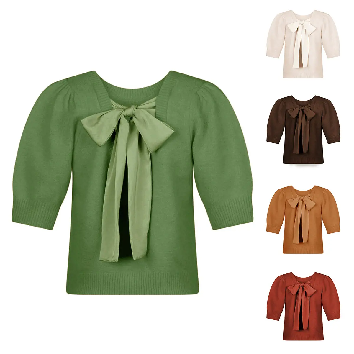 UANEO Bow Sweater Women Casual Puff Short Sleeve Crew Neck Tie Back Knit Pullover Tops