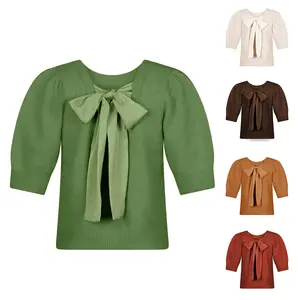UANEO Bow Sweater Women Casual Puff Short Sleeve Crew Neck Tie Back Knit Pullover Tops