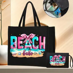 Women's Linen Beach Bag with Shell & Bow Pattern, Large Portable Storage Pouch for Travel, Outdoor Use, Perfect Gift for Family & Friends