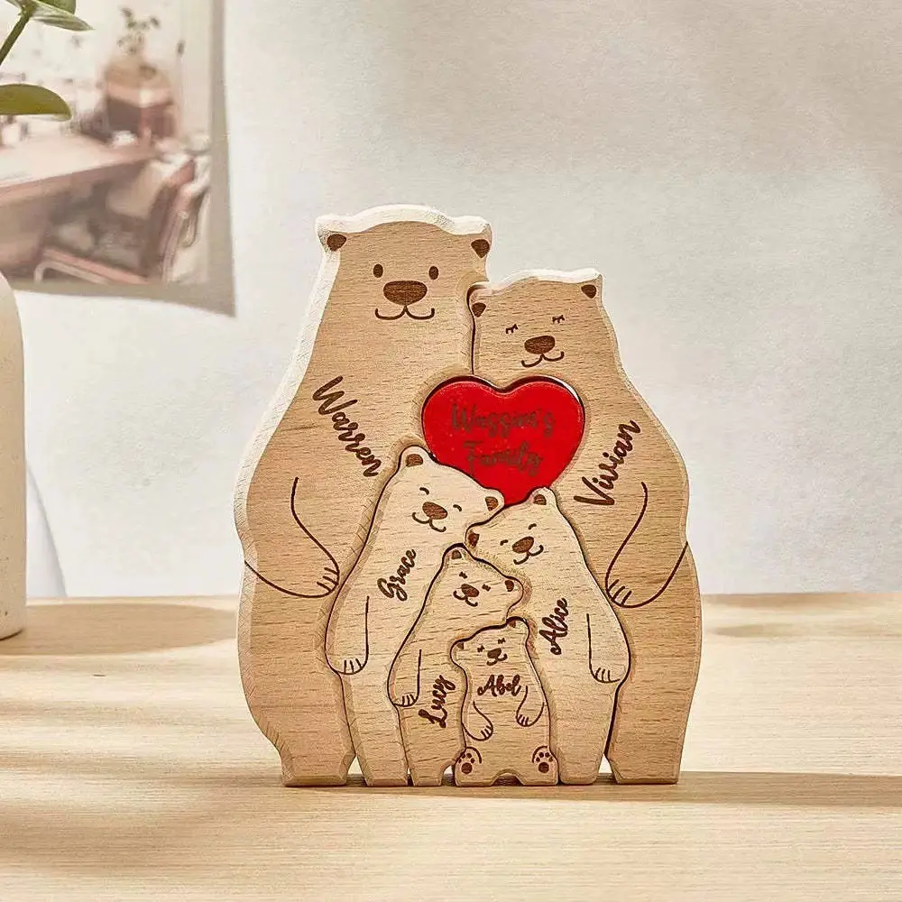 Wooden Puzzle Cute Bear Suit Solid Wood Carving Mother-and-Child Bear Doll Warm Family Crafts Decoration Desktop Decoration