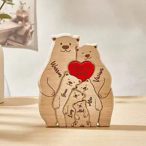 Wooden Puzzle Cute Bear Suit Solid Wood Carving Mother-and-Child Bear Doll Warm Family Crafts Decoration Desktop Decoration