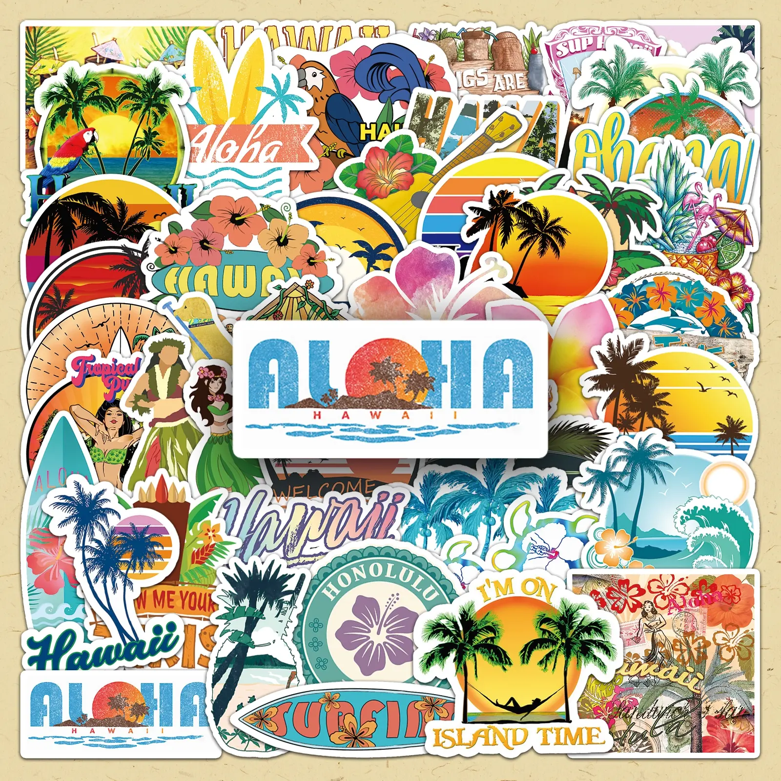 Hawaii Themed Sticker, 50pcs/set Creative Decorative Floral Pattern Sticker, DIY Decals for Scrapbooking, Journaling, Gift Wrapping, Greeting Cards, DIY Crafts, Sticker Collage Pack