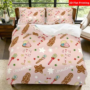 2/3 Pcs 2D Flat Christmas Candy and Gingerbread Duvet Cover Set Christmas Bedding Set Quilt Cover 1 Duvet Cover + 1/2 Pillowcases Christmas Top Sheet Decorative Bedding Bedroom Decor