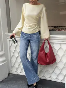 Wizard Bell Sleeve Bow Back Shirt Blouse, Boho Chic Sleeve, Long Sleeve, Waist Cinching Belt Design, Elegant, Perfect for Dates, Spring Match, Women's Fashion Top, Chic, Womenswear