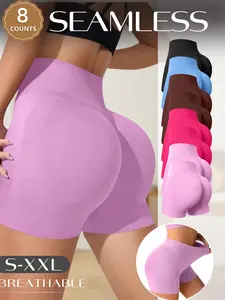 8-Pack Seamless High-Waisted Butt-Lift Gym Shorts, Stretch Waistband, Breathable Yoga Pants, Non-Rolled Underwear, Sizes S-Xxl